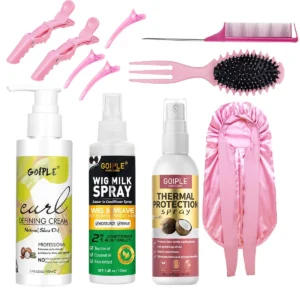 GOPIPLE – ensemble de soins capillaires bouclés, crème de définition Anti-frisottis, Spray de lait et Spray de Protection thermique en noix de coco pour perruques naturelles
