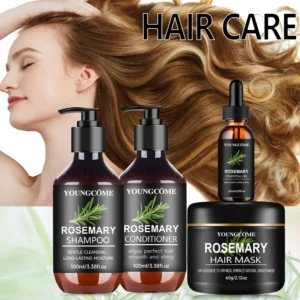 Kit de soin capillaire au romarin 4 en 1 - Masque + shampoing + conditionneur + huile, avec biotine, nettoie et aide à renforcer les cheveux faibles et cassants 4 pièces