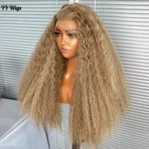 Long Ombre Highlights Kinky Straight Synthetic Lace Front Wigs Hair 13x4 Heat Resistant Front Lace Wig