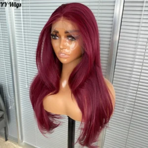 39# Burgundy Synthetic Hair Lace Front Short Silky Straight Bangs Heat Resistant Half Hand Tied High Fiber Long 18 Inches