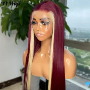 Long Balayage13X4 Lace Front Wig 613H39  Silky Straight Burgundy Synthetic Heat Resistant Half Hand Tied Wigs for Women
