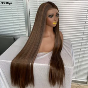 30-Inch Long Silky Straight 13X4 Glueless Lace Front Wigs  Hair Synthetic Heat Resistant Wig Half Hand Tied Highlights