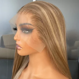 Long Silky Straight Highlights Brown Color Wigs for Black Women 13x6 Synthetic Lace Front Wigs With Natural Hairline