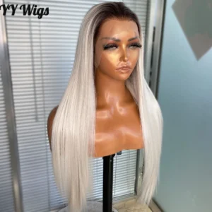 13X4 Swiss Lace Front Synthetic Wig Platinum Ombre Black Long Silky Straight Heat Resistant Wig Women Colorful Options