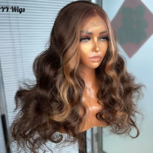 Long 13x4  Synthetic Lace Front Wig Brown Highlight Long Body Wave