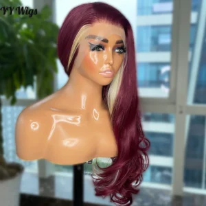 Long Balayage 13X4 Synthetic Lace Front Wig 613H39 Burgundy  Glueless Body Wave Wig Pre Plucked Hairline