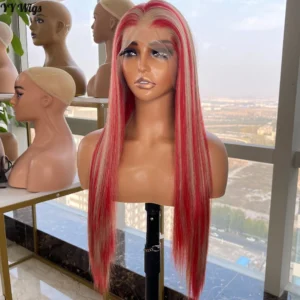 Women's Long Highlights Straight 13X4 Synthetic Front Wig Pre-Plucked Hairline Glueless Half Hand Tied Wigs Light Brown