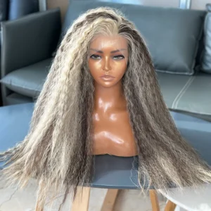 13x4 Kinky Straight Wigs With Natural Hairline Highlight Brown Color Heat Resistant Synthetic Lace Front Wigs for Black Women