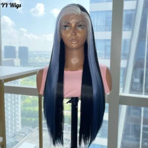 13x4 Silky Straight Blue/Black  Glueless Synthetic Lace Front Wig Soft Long Heat Resistant Half Hand Tied Wigs for Women