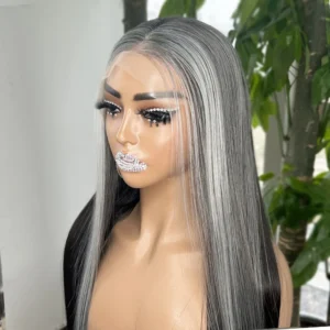 Long Silky Straight Ombre Grey Color Synthetic Lace Front Wigs for Black Women 13X4 Heat Resistsnt Synthetic Hair Wigs