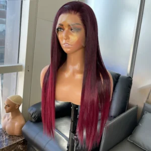 13X4 Lace Front Wig Long Ombre Red Hair  Silky Straight Synthetic Half Hand Tied Wigs Heat Resistant Black Swiss Lace