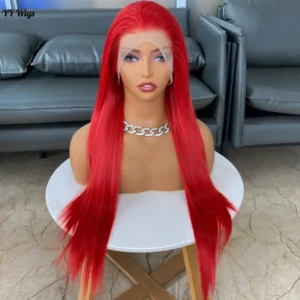 Long Red Synthetic Hair Lace Front Wig Silky Straight Heat Resistant Half Hand Tied Wigs for Women Pre Plucked Hairline