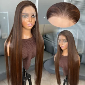 30inch Highlight Brown Color 13X4 Synthetic Lace Front Wig  Silky Straight Heat Resistant Half Hand Tied Wigs for Women