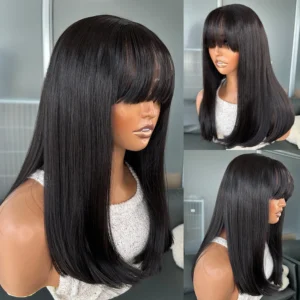 16inch Black Bangs Wig Fiber Hair 13X4 Heat Resistant Synthetic Lace Front Wigs With Natural Hairline