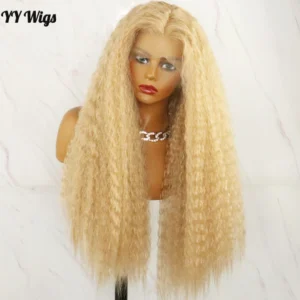 #103 Kinky Straight Heat Resistant Fiber Synthetic Lace Wigs for Black Women T-PART Synthetic Wig Blonde Long Yaki Style