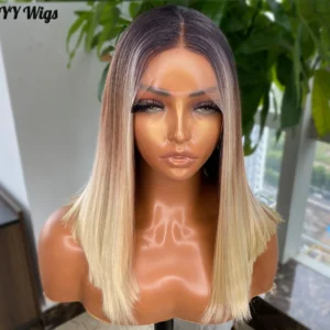 13X4 Swiss Lace Front Synthetic Wig 3T Ombre Bob Short Cut Silky Straight Heat Resistant Wig Black Women Medium Cap Size