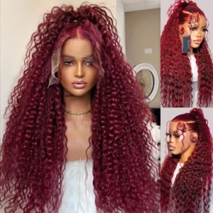Soft Burgundy Wine 99j 26“Long 180Density Kinky Curly Lace Front Wig For Women Natural Hairline Baby Hair Preplucked Glueless