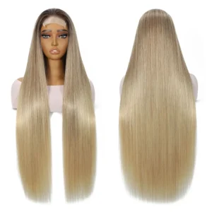 4X4 Straight Lace Front Synthetic Hair Wigs High Temperature Fiber Wigs 36 Inch Ombre Blonde Straight Lace Closure Wigs