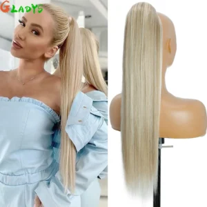 Straight Drawstring Ponytail Extensions 28 Inch Long Synthetic Ponytail Hair Pieces Blonde Color Ponytail Extension For Women