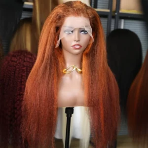 Long 26Inch Soft Orange Color 180% Density Kinky Straight Lace Front Wig For Women With Baby Hair Preplucked Glueless