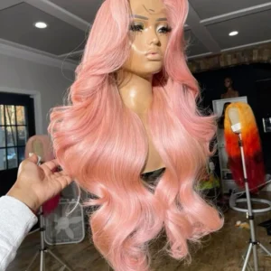 Pink Lace Front Wig 13x4 Pink Synthetic Body Wave Wig Pre Plucked With Baby Hair Colored 200 Density Pink HD Lace Frontal Wig